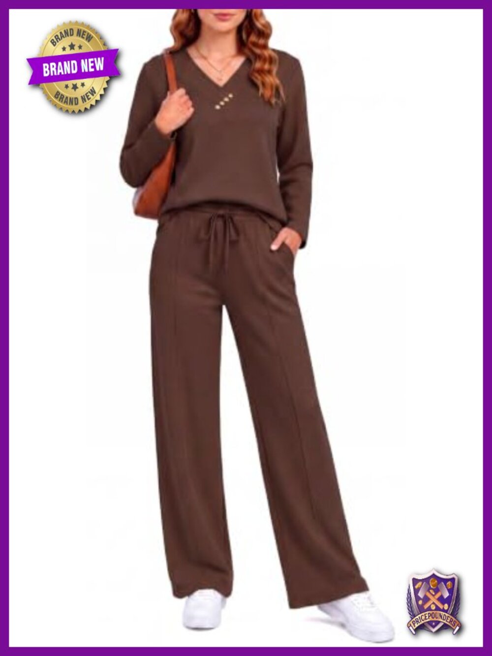 LUBOT Two Piece Lounge Set Long Sleeve V Neck Wide Leg Pants Casual Sweatsuit
